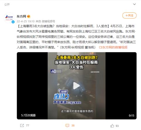 上海暴雨3名大白被刮跑？當(dāng)?shù)乇０玻捍蟀桩?dāng)時(shí)在躲雨，3人受傷